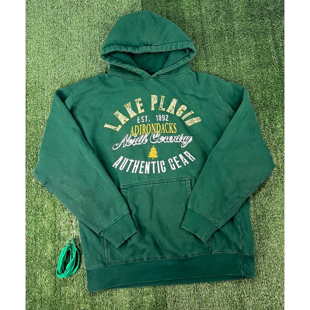 Lake Placid Adirondacks Authentic Gear Green Hoodie Mens Medium Distressed